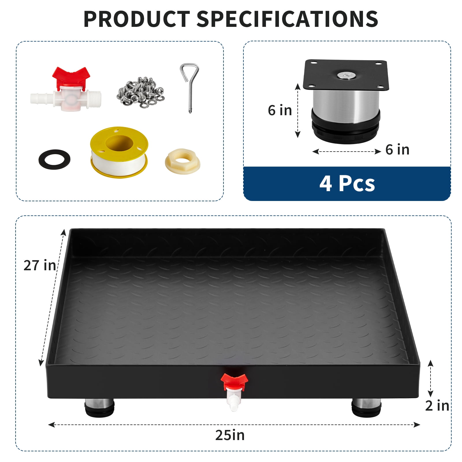 Kojooin Heavy-Duty Carbon Steel Washing Machine Drain Tray, with Waterproof Tape, Water Outlet Switch, Drain Hole, Hose Connector, and Rust and Leak Protection