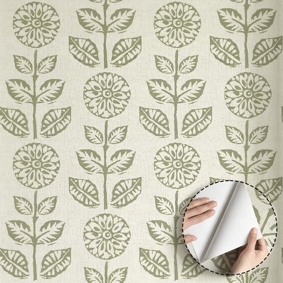 Sage Green Botanical Flower Wallpaper, Vintage Farmhouse Peel and Stick Wallpaper, Waterproof Wall Decoration for Living Room Bedroom Kitchen Cabinet Drawer, 17.7 * 118 in Contact Paper