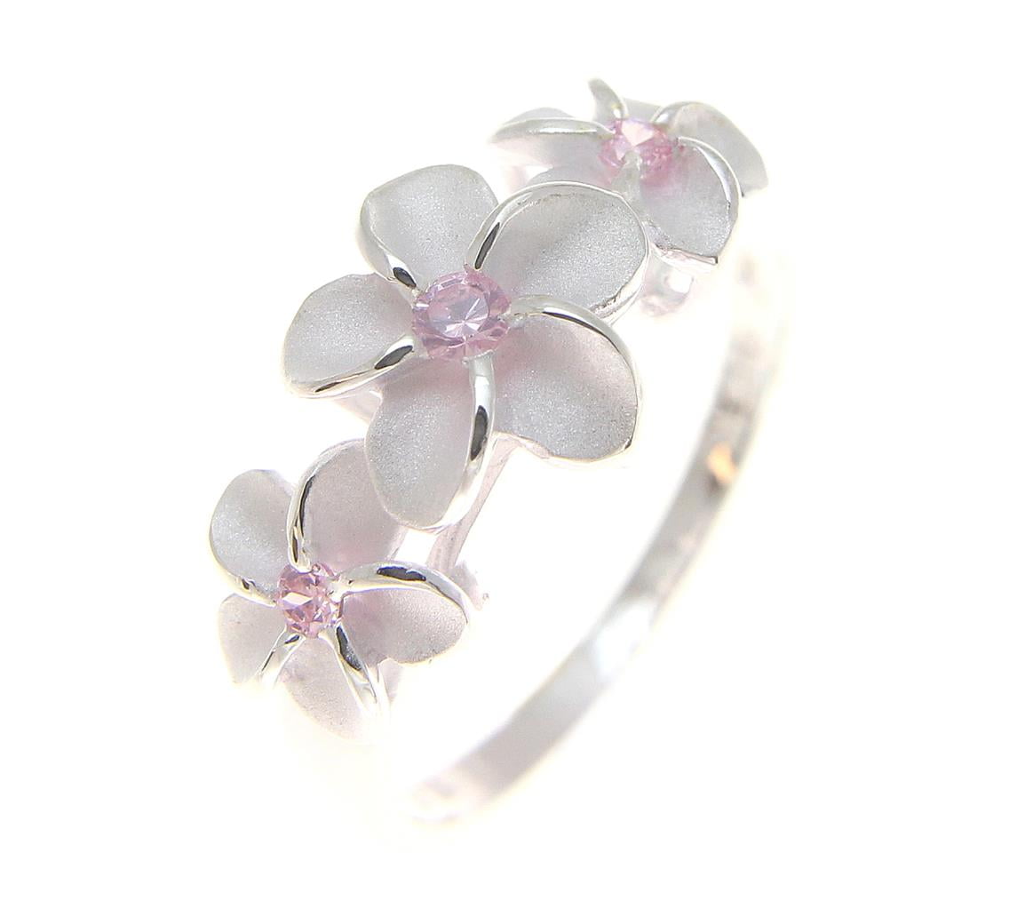 Sterling silver 925 3 Hawaiian plumeria flower ring pink cz size 9.5