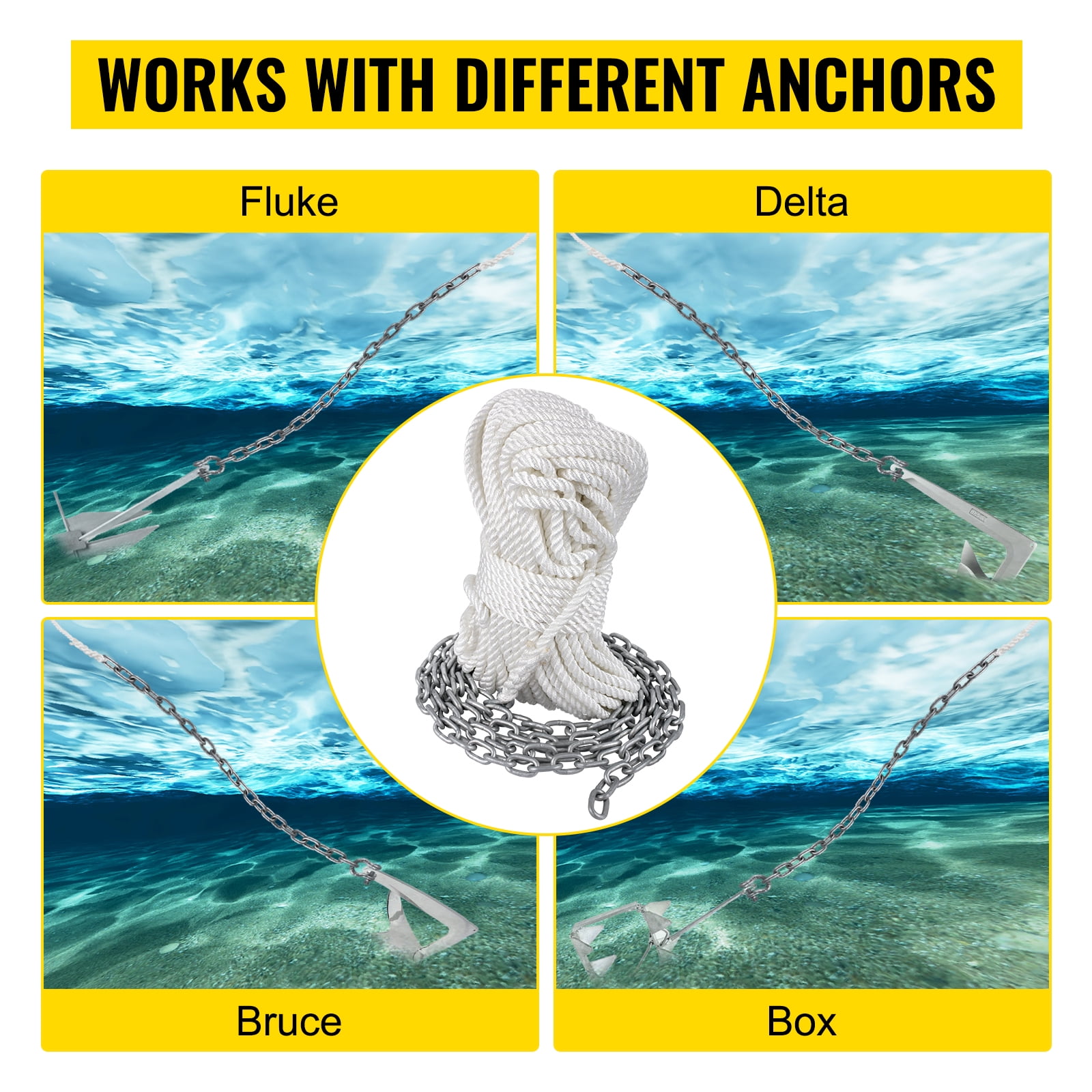 VEVOR Boat Anchor Chain 15' x 5/16" Galvanized Chain 1/2" x 200' Nylon Rope