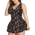thumbnail image 2 of Inadays Women Plus Size One Piece Swimsuit Flower Printing Modest Tummy Control Swimdress V Neck Vintage Bathing Suits Skirt Swimwear, Black Cheery, XL, 2 of 10