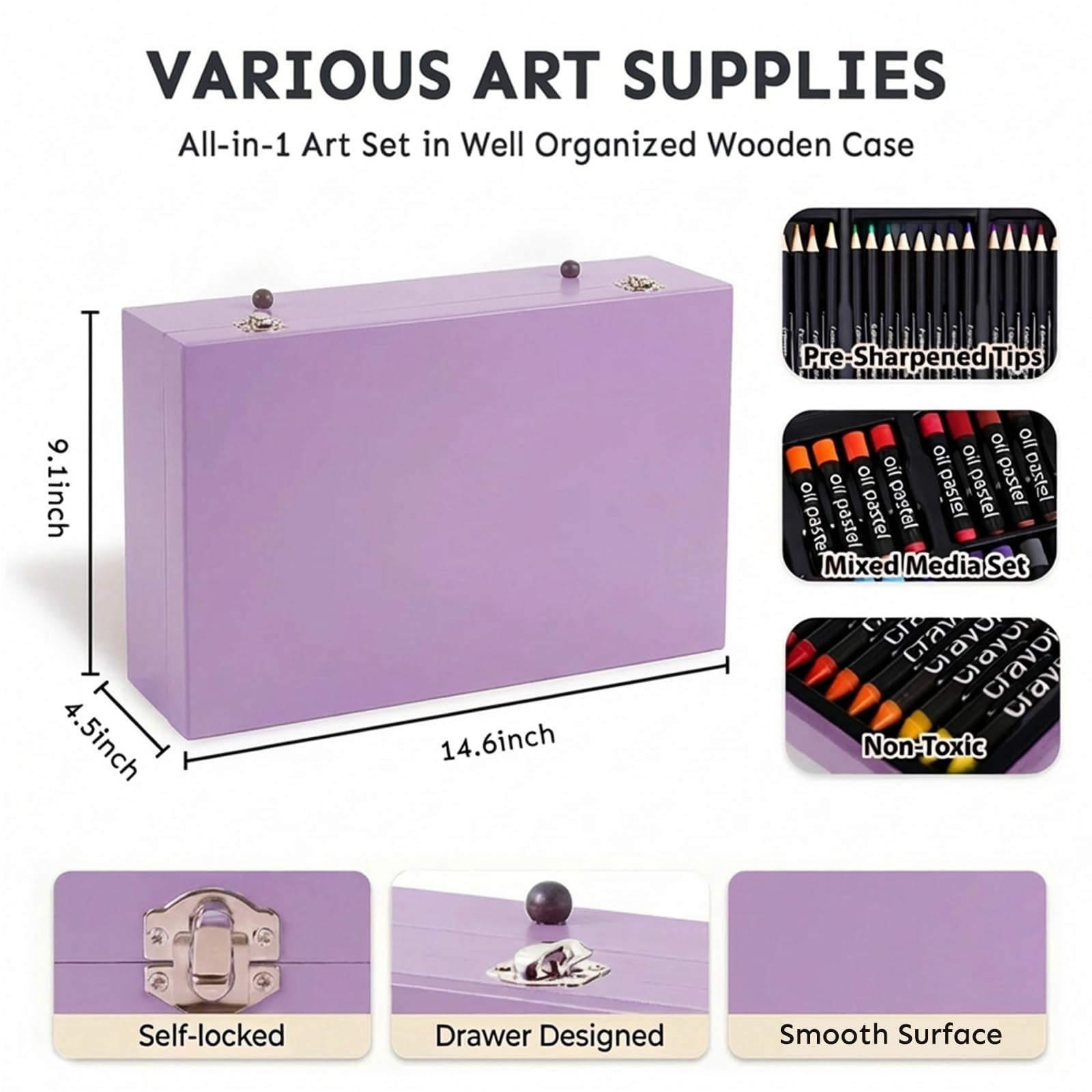 175-Pack Deluxe Wooden Art Set Drawing Painting Kit with 2 Drawing Pads, Acrylic Paints, Colored Pencils, Crayons, Paint Brush, Art Kit in Wooden Case, Gift for Artist, Adults, Teens and Kids