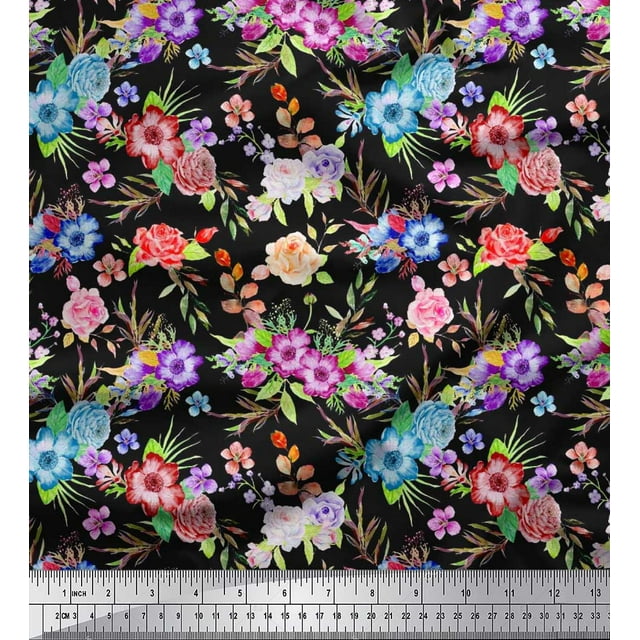 Soimoi Modal Satin Fabric Leaves, & Rose Floral Print Fabric by The Yard 42 Inch Wide