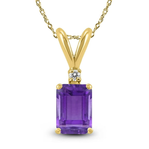 SZUL Women's 14K Yellow Gold 6x4MM Emerald Shaped Amethyst and Diamond Pendant