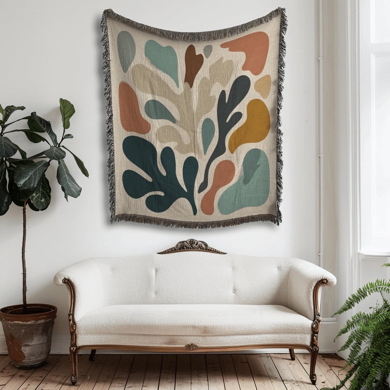 Abstract Botanical Leaves in Deep Teal, Rust and Mustard Woven Throw ...