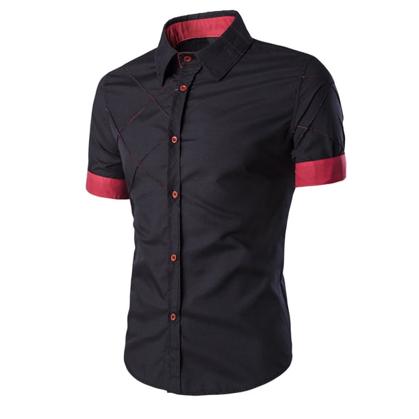 Camisetas Elvqul de Hombre Manga Corta Negro Economicas Algodón Liso Abotonada con Solapa