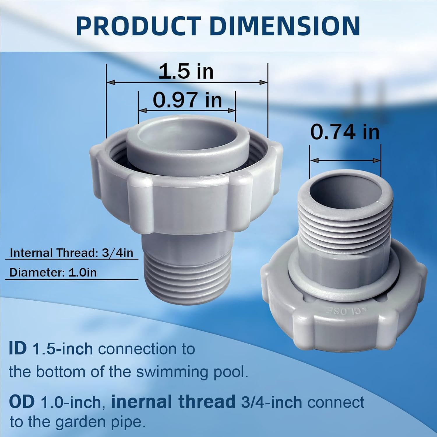 Pool Drain Fitting Connects fits for Coleman Pools, ID1.5-inch Connect To The Bottom Of The Pool and OD1.0-inch Connect To The Garden Pipe