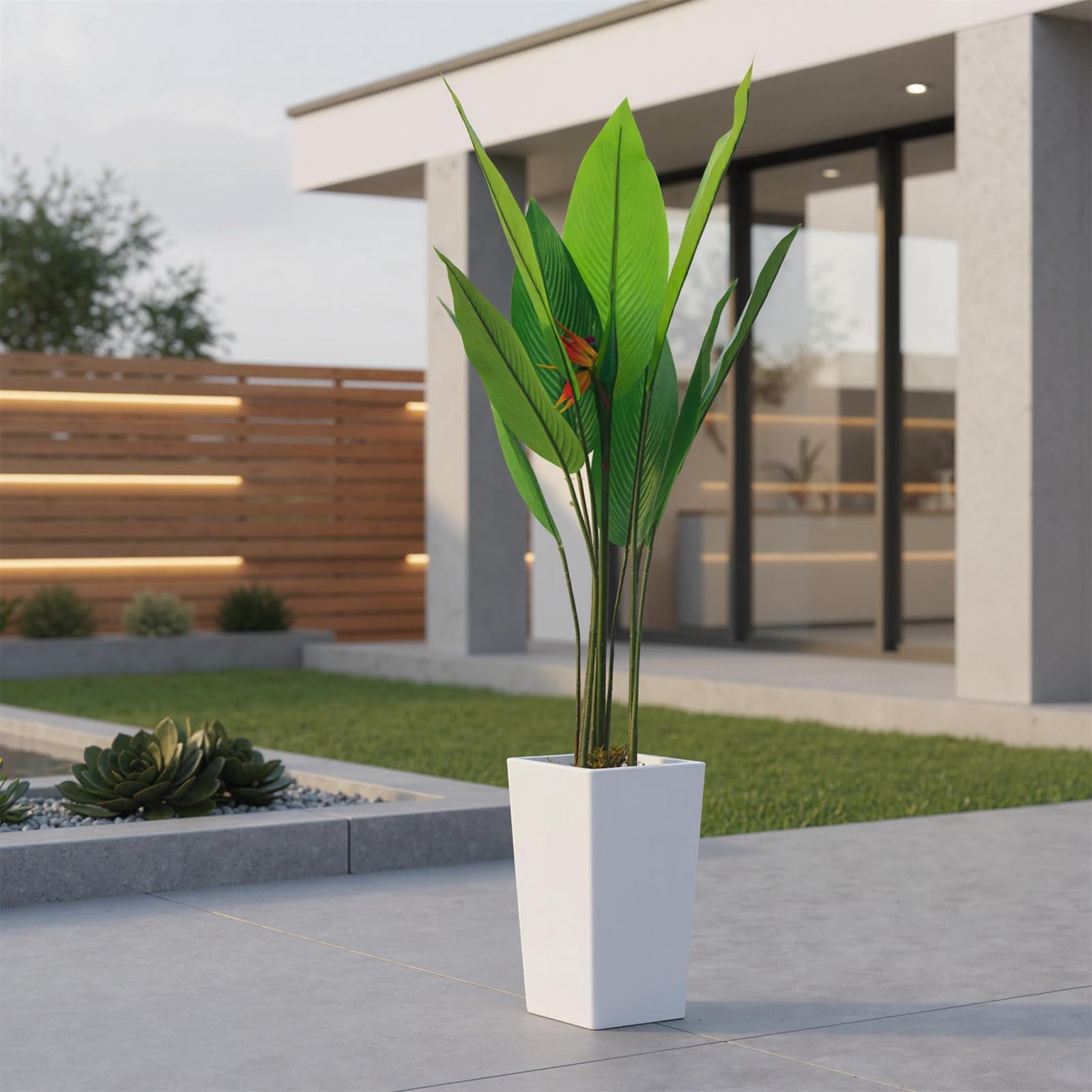 Accreate Faux Banana Tree Artificial Plant, Fake Potted Tropical Evergreen with Tall White Planter for Living Room, Entryway, Porch, or Office