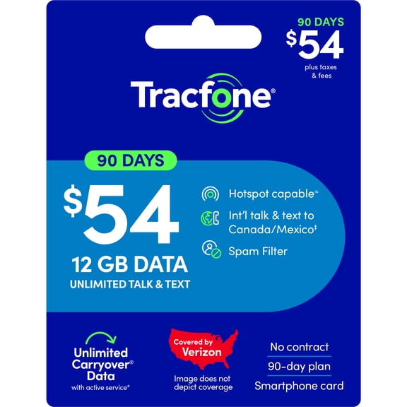 Tracfone $54 Unlimited Talk & Text plus 12 GB of Data 90-Day - Prepaid Plan Direct Top Up