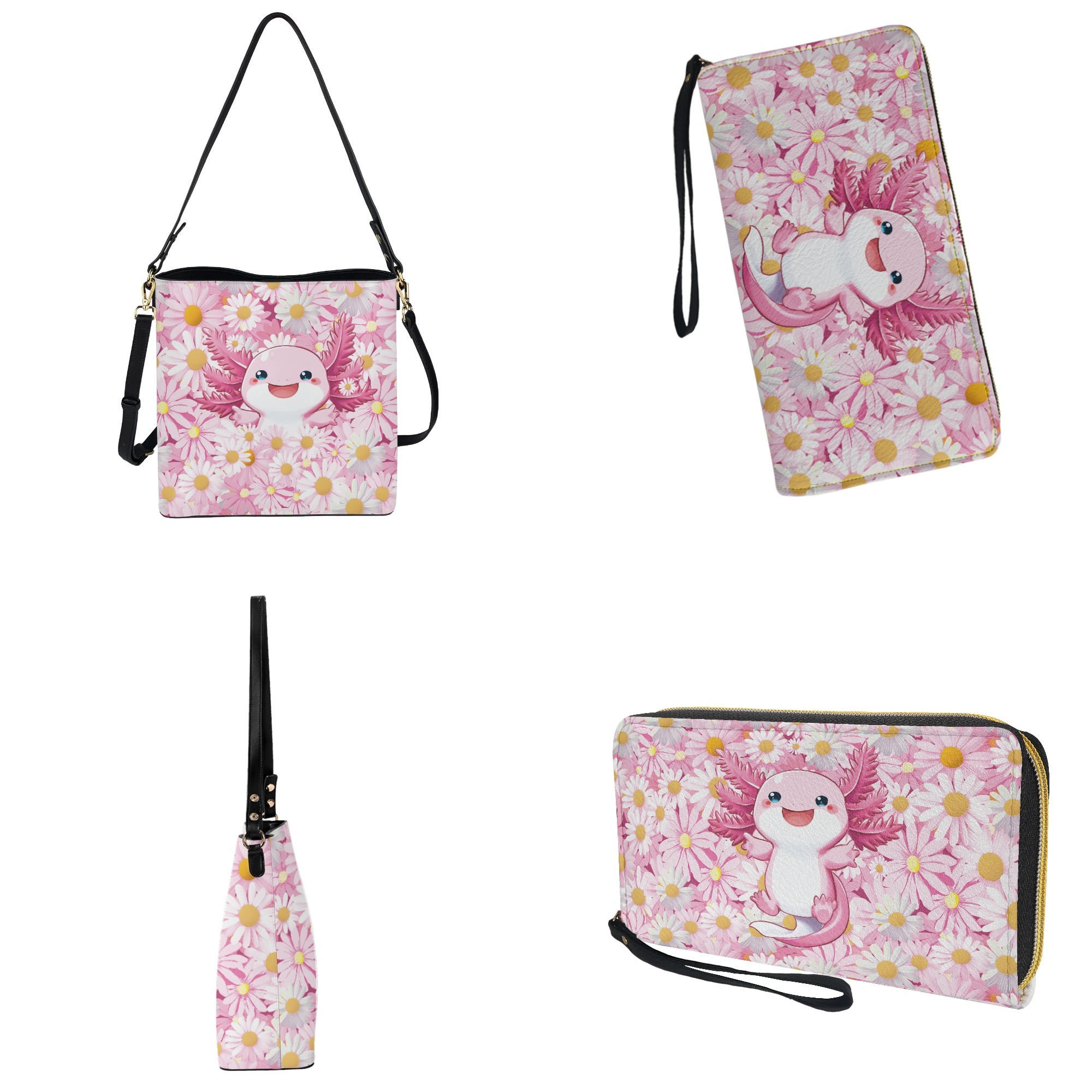 ZUXONGSY Axolotl Daisy Flower Print Crossbody Hobo Bag with Wallet Set for Women Casual 2 Pcs Bucket Purse Set Lightweight Bucket Purse and Wallet Set for Working
