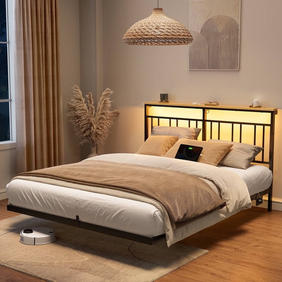 GUNAITO Queen Size Floating Bed Frame Metal Platform Bed with LED Lights & Charging Station Modern Bed with Headboard and Under-bed Storage Black