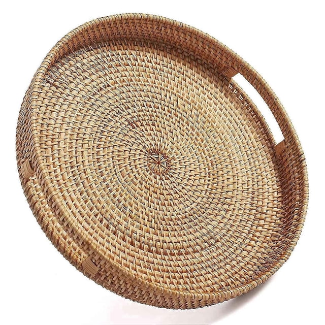 Rattan Serving Tray, Hand-Woven Ottoman Tray with Handles, Natural Wood Home Decor for Kitchen & Living Room - 30cm Round
