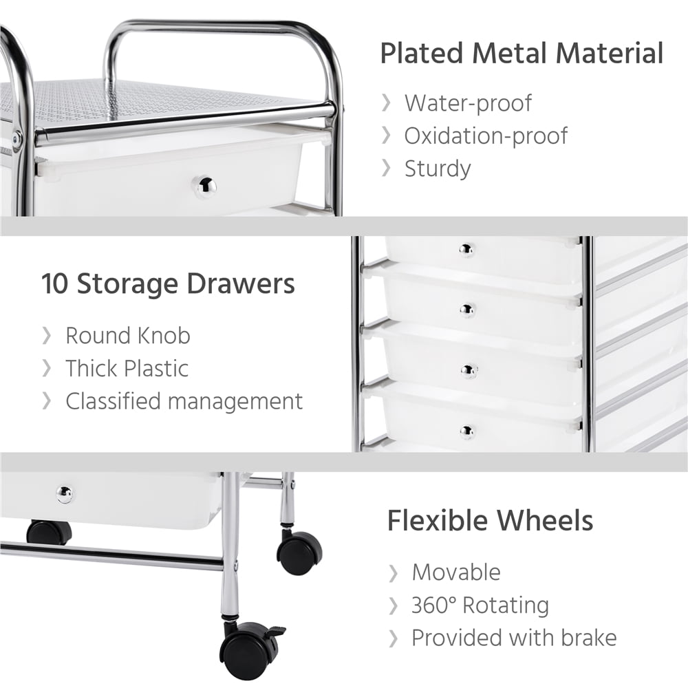 Renwick 10 Drawer Rolling Storage Cart Home Office Organizer Cart with Wheels, White