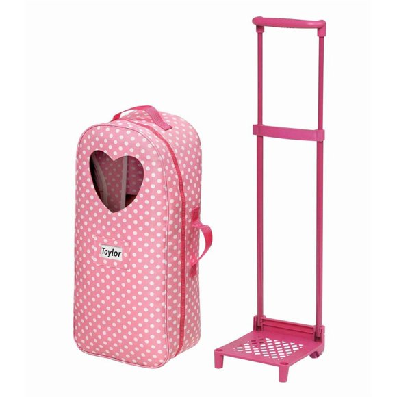 Badger Basket 3-in-1 Trolley Doll Carrier with Rocking Bed and Bedding – Adorable Pink Polka Dot Design for 18-Inch Dolls