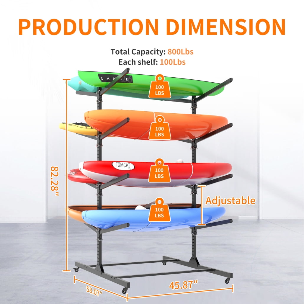 82"H Heavy-Duty Freestanding Kayak Storage Rack, Adjustable Height with Lockable Wheels, Holds 4 Kayaks/Canoes/Surfboards, 360° Movable, Rust-Resistant for Indoor & Outdoor Use, Space-Saving Design