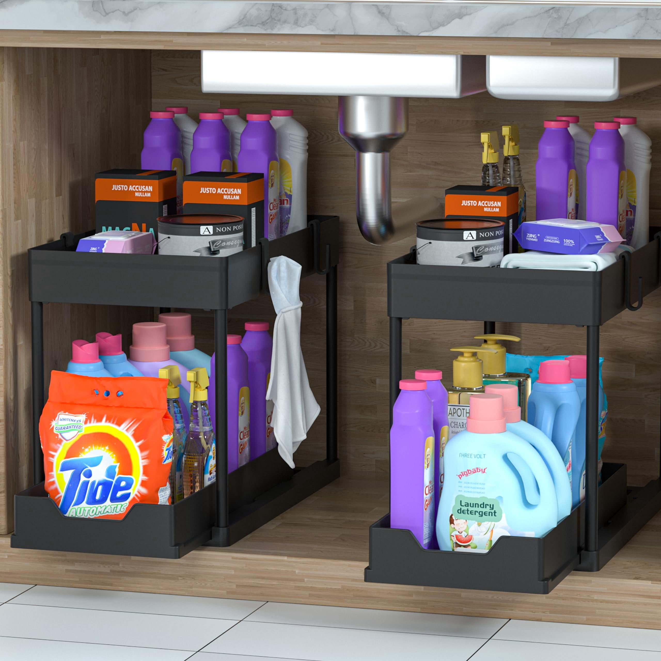 Under Sink Organizer 2 Pack  Bathroom Cabinet 2 Tier Sliding Basket Drawer Multi-purpose Bath Collection Baskets For (black)