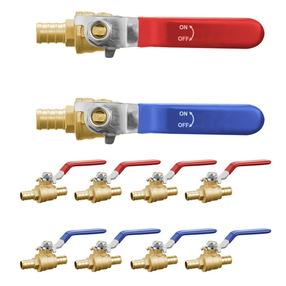 KFFKFF PEX Ball Valve Collection, Includes 10 Pieces, 1/2 inch PEX Brass Ball Valve, PEX Full Port Brass Ball Valves, Quarter Turn Hot (Red) Cold (Blue) PEX Full Port Ball Valve