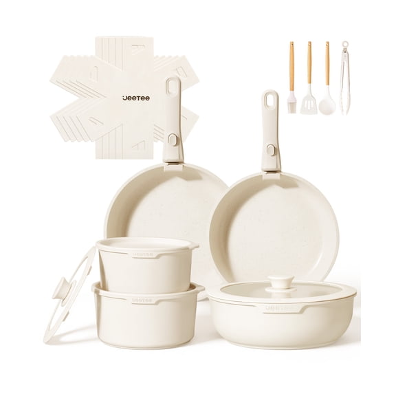 JEETEE Ceramic Cookware Set with Removable Handle, Stackable Nonstick Pots and Pans Set for Small Kitchens, RV and Camping, Cream White