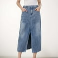 thumbnail image 2 of Women's High Waist Denim Midi Skirt with Front Slit Detail and Faded Wash Finish - Large, Light Blue, 2 of 7