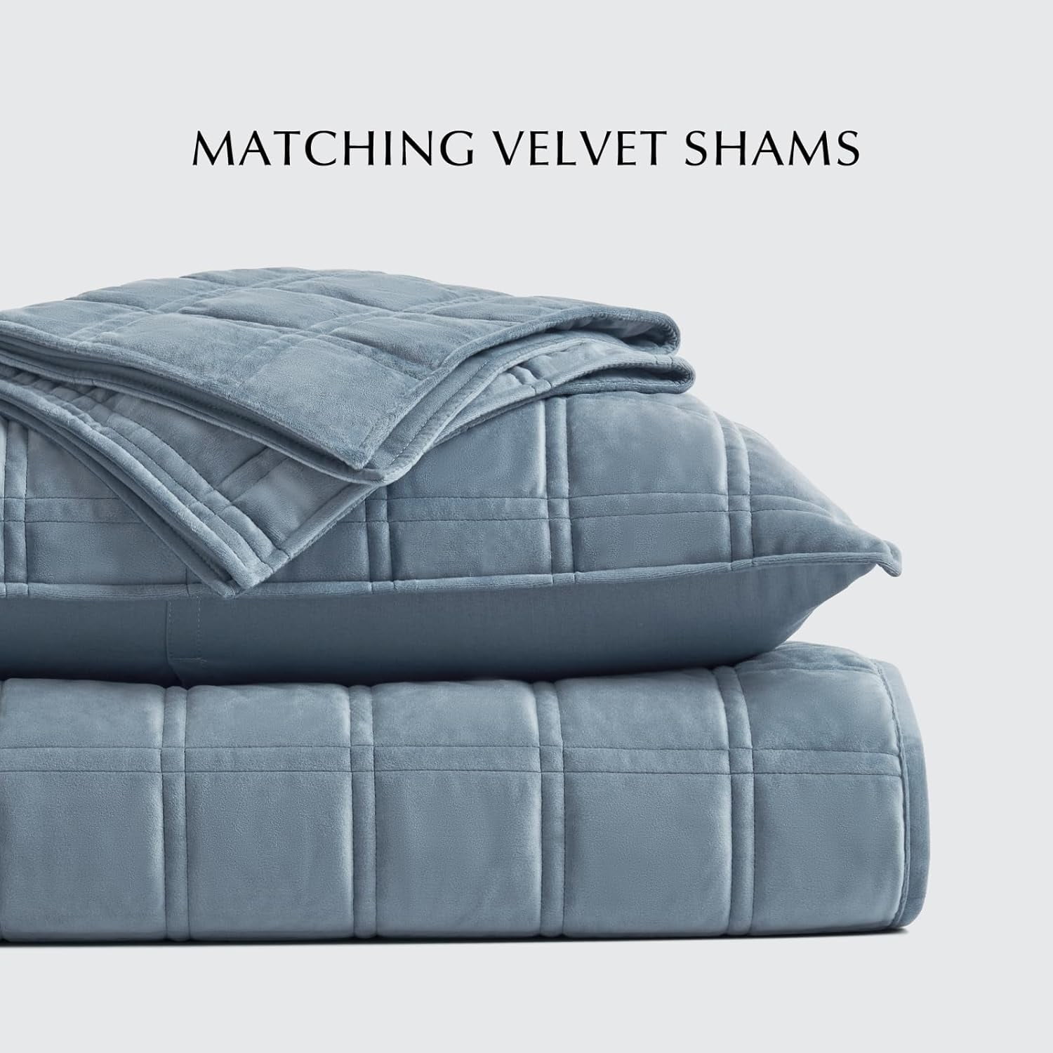 EVERGRACE 3 Pieces Luxurious Velvet Quilt King Size, Ultra Soft Bedspread Coverlet Set, Double Box Stitch Lightweight Velvet Comforter for All Season with 2 Shams, Blue Linen, 108''x96''
