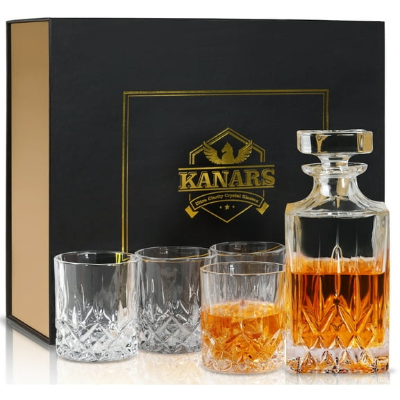 KANARS Whiskey Decanter Set, Crystal Liquor Decanter and 4 Glasses for Scotch, Bourbon or Whisky, Dad Gift