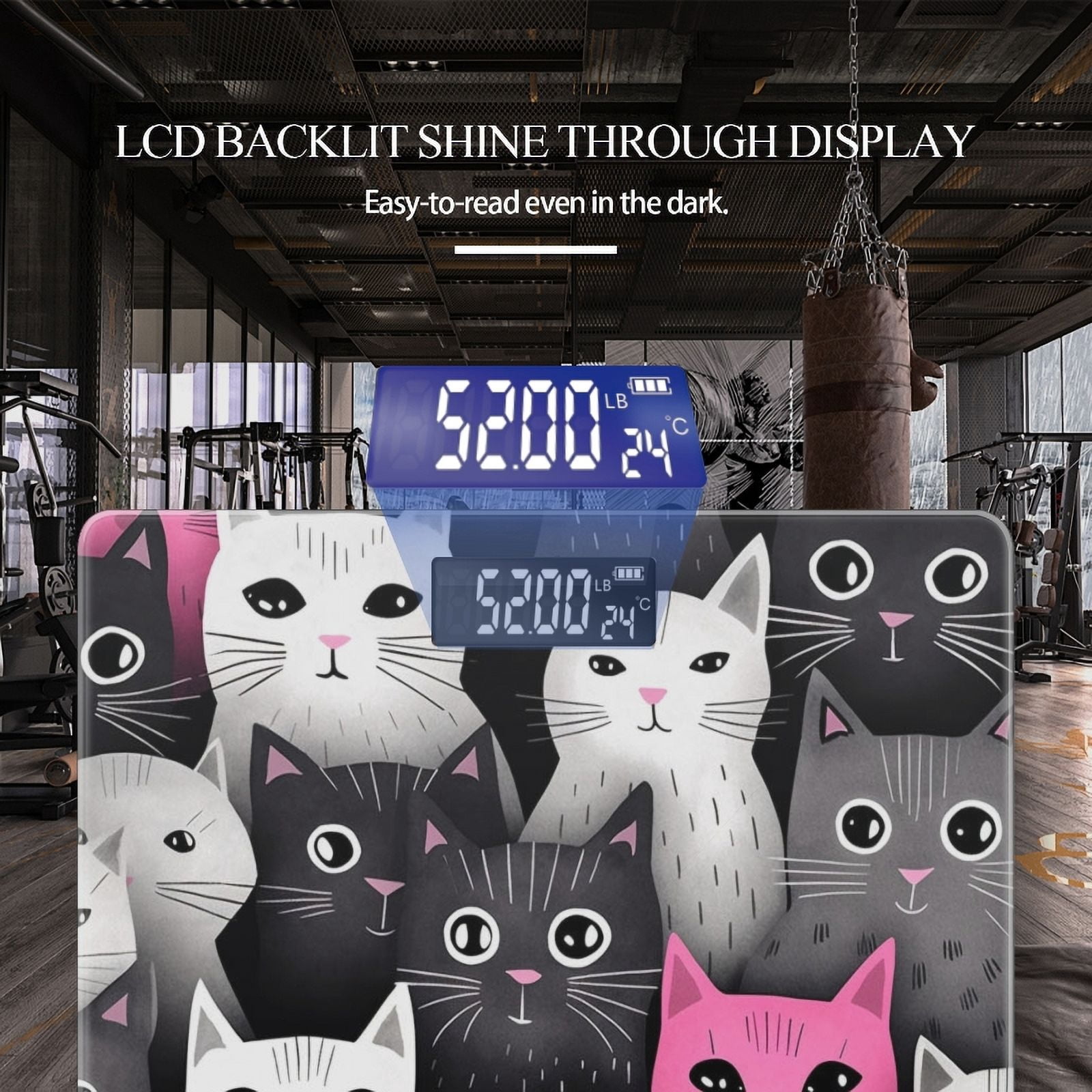 Bathroom Scale, Highly Accurate Digital Body Scale,Precisely Measures Weight up to 400 lbs-Pink And White Cartoon Cats With Large Eyes