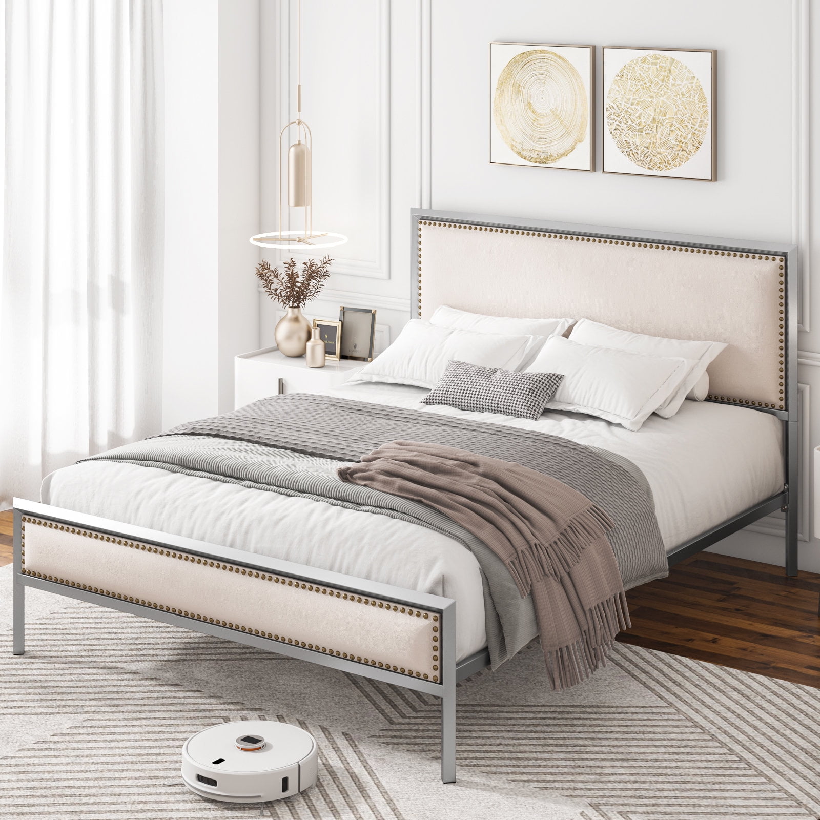 Homfa Full Size Metal Bed Frame with Linen Upholstered Headboard