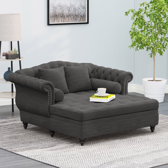 GDF Studio Horeb Contemporary Indoor Fabric Tufted Double Chaise Lounge, Charcoal and Dark Brown