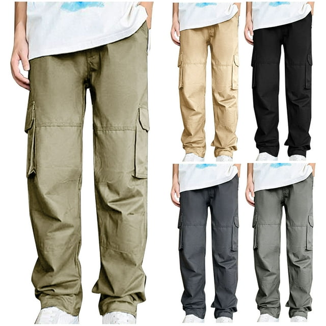 Styesk Men's Pants Men's Fashion Casual Solid Color Cargo Zipper Pockets Elastic Waist Full Length Pants