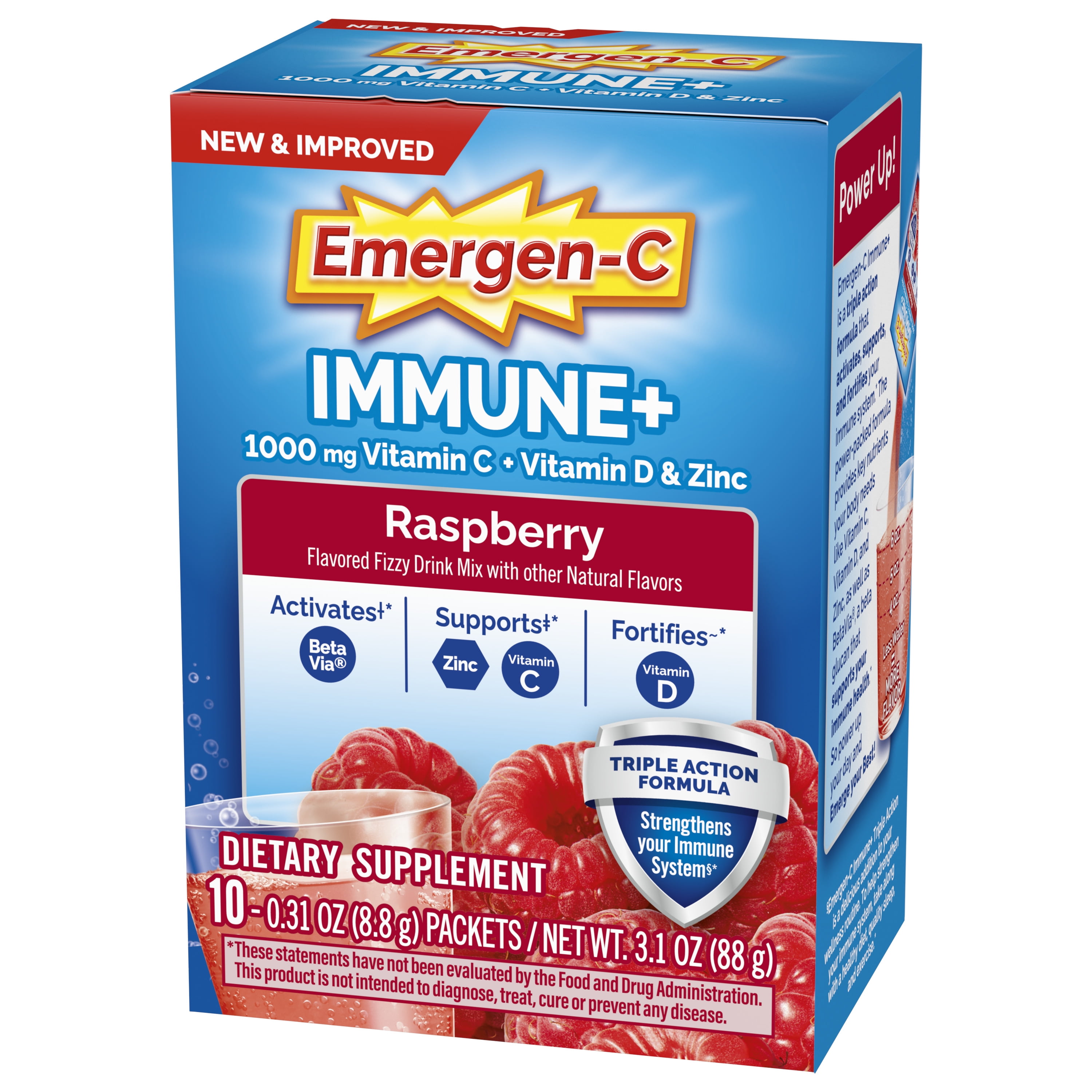 Emergen-C Immune+ Triple Action Immune Support Powder with BetaVia and Antioxidants, 1000mg Vitamin C, Raspberry, 10 Count