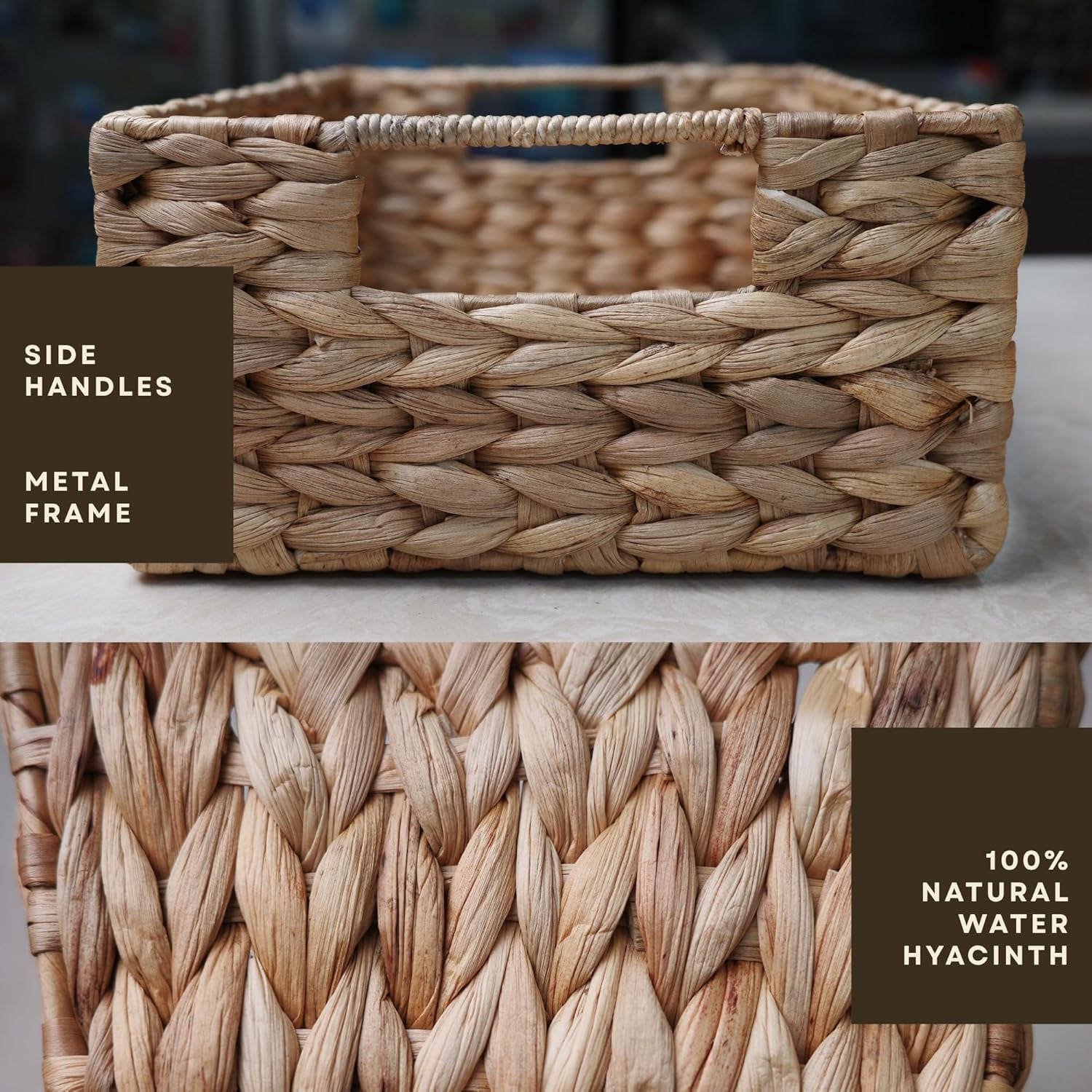 JAVANTI KAYU - Handmade Water Hyacinth Wicker Storage Basket with Handles – Rectangle Organizer Bin for Shelves, Blanket, Bathroom, Closet – Stackable – Decorative & Durable (2, S: 12" x 8" x 4")