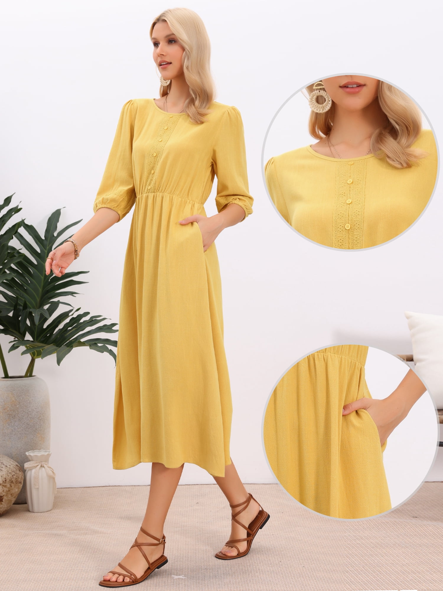 DARING DIVA Women's Boho Midi Casual Crew Neck Crochet Panel 3/4 Sleeve Dress XL Yellow