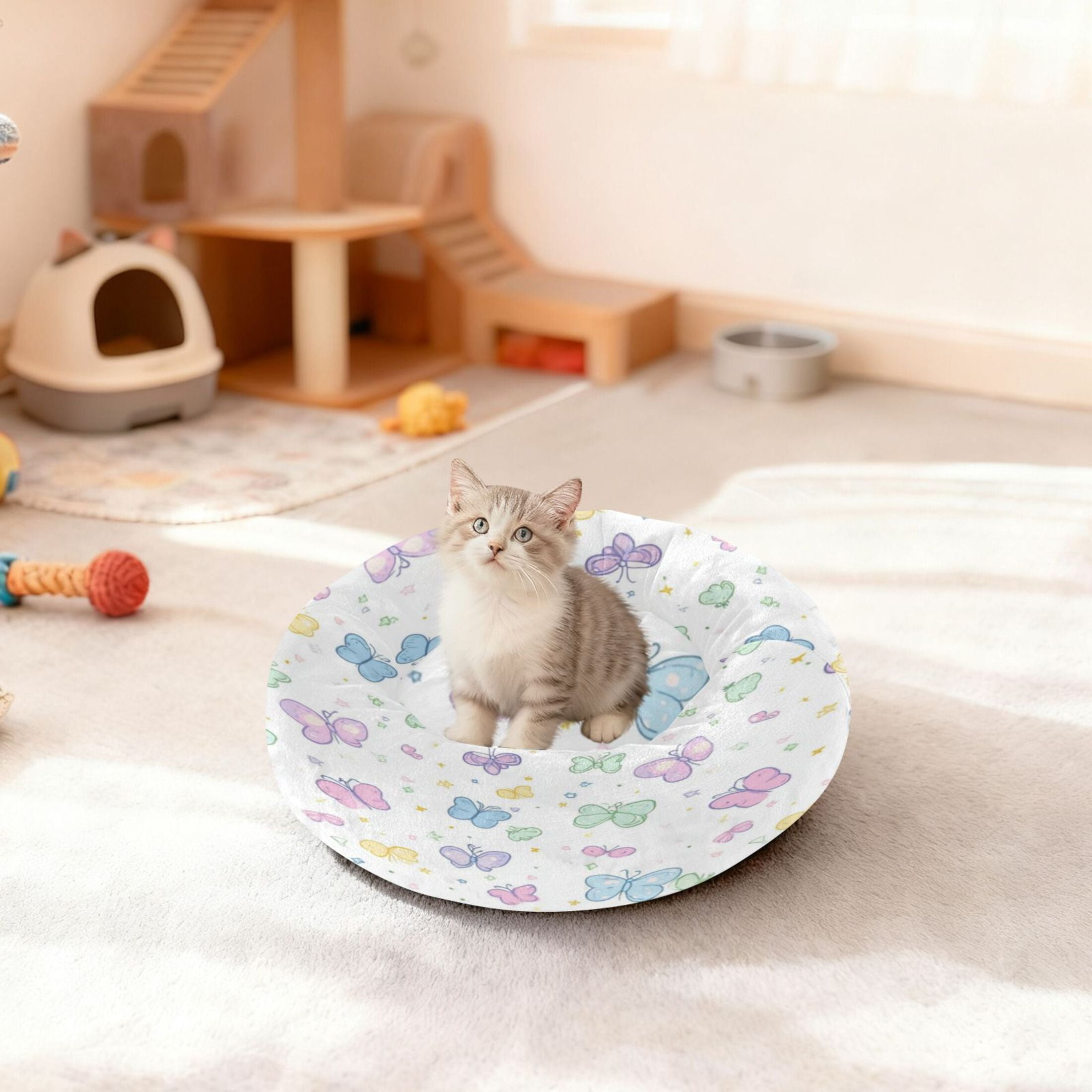 Iauyy Pet Couch Donut Cat Bed for Indoor Cats/Small Dogs Washable & Machine with Non-slip Bottom Calming Cat Furniture, Soft-colored Cartoon Butterfly (M)