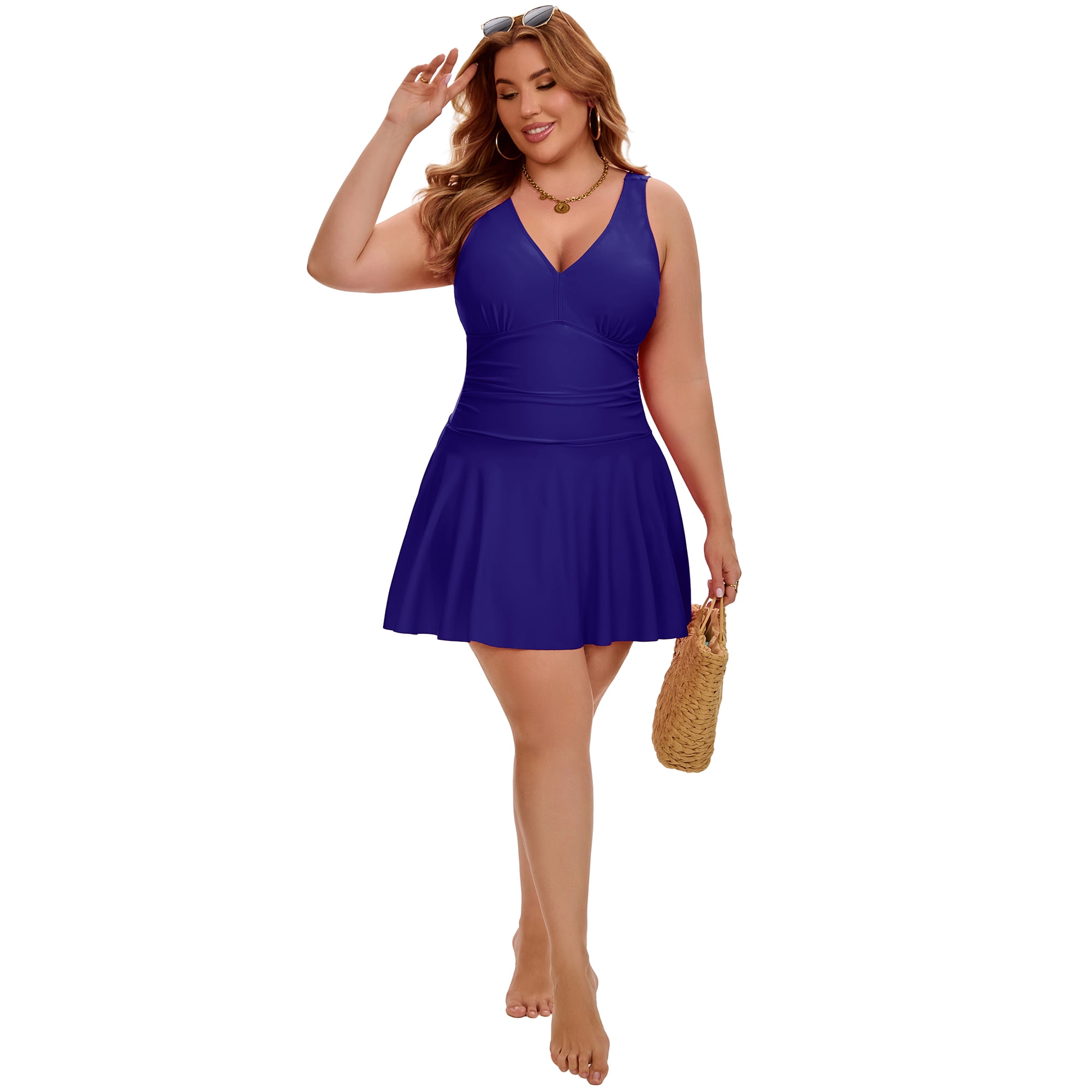 DARING DIVA Women's Plus Tummy Control Summer Beach Swimdress 1X Navy Blue
