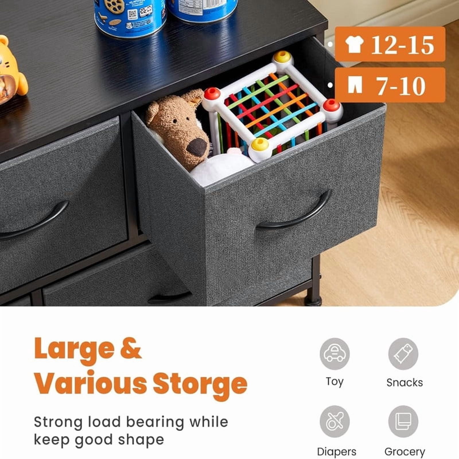 Kelno 5 Drawer Dresser Fabric Chest of Drawers Storage Organizer Wood Top Surface for TV, Grey