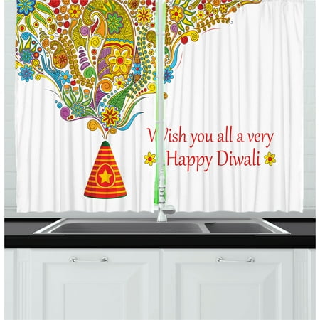 - Diwali Curtains 2 Panels Set, Tribal Festive Religious Celebration Cone with Star Spraying Paisley Artwork Print, Window Drapes for Living Room Bedroom, 55W X 39L Inches, Multicolor, by Ambesonne