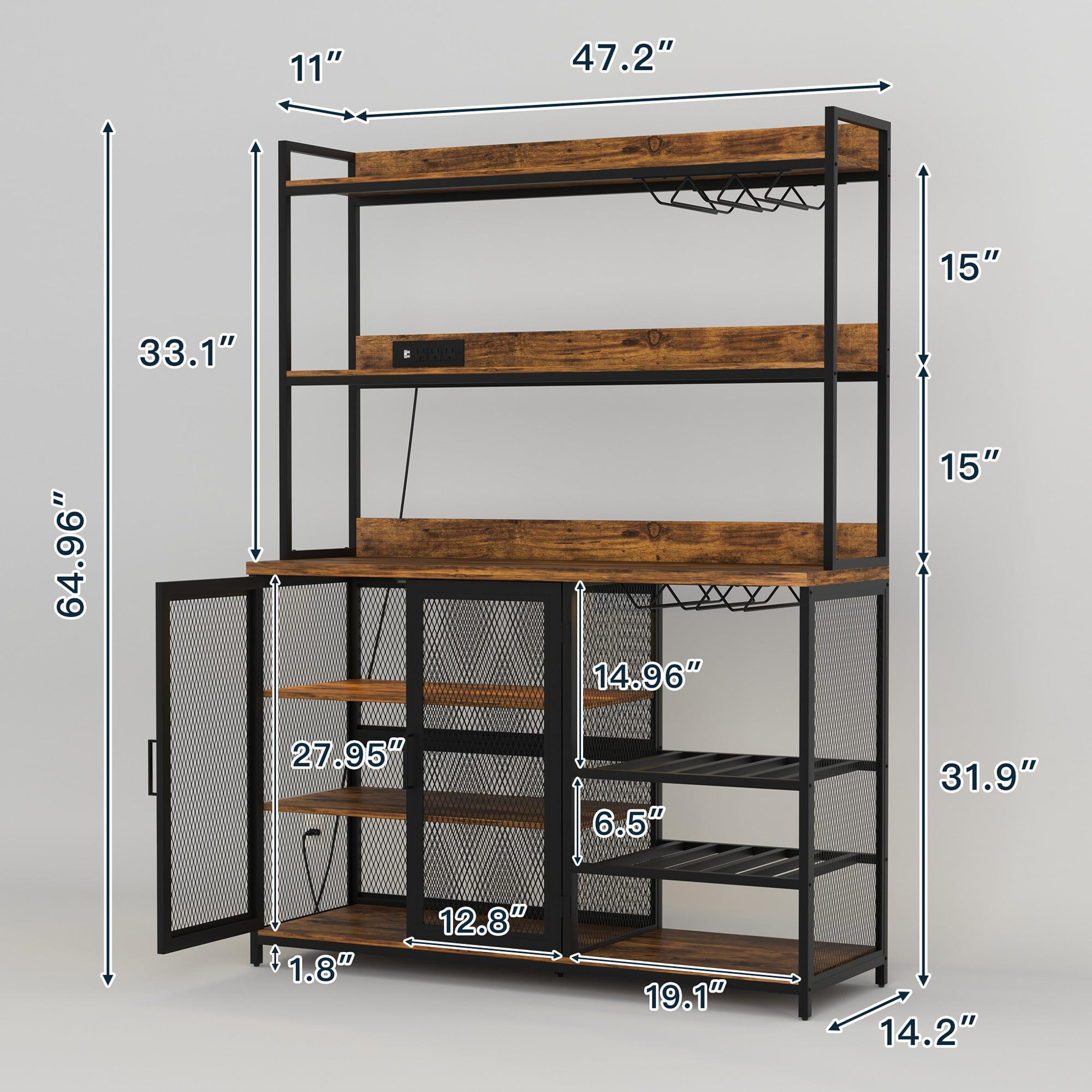 Finihen Coffee Bar Cabinet, Industrial Buffet Cabinet with LED Strip and Glass Holder, 3-Tiers Liquor Cabinet Bar for Home, Dining Room, Kitchen, Brown Finihen Coffee Bar Cabinet, Industrial Buffet Cabinet with LED Strip and Glass Holder, 3-Tiers Liquor Cabinet Bar for Home, Dining Room, Kitchen, Brown
