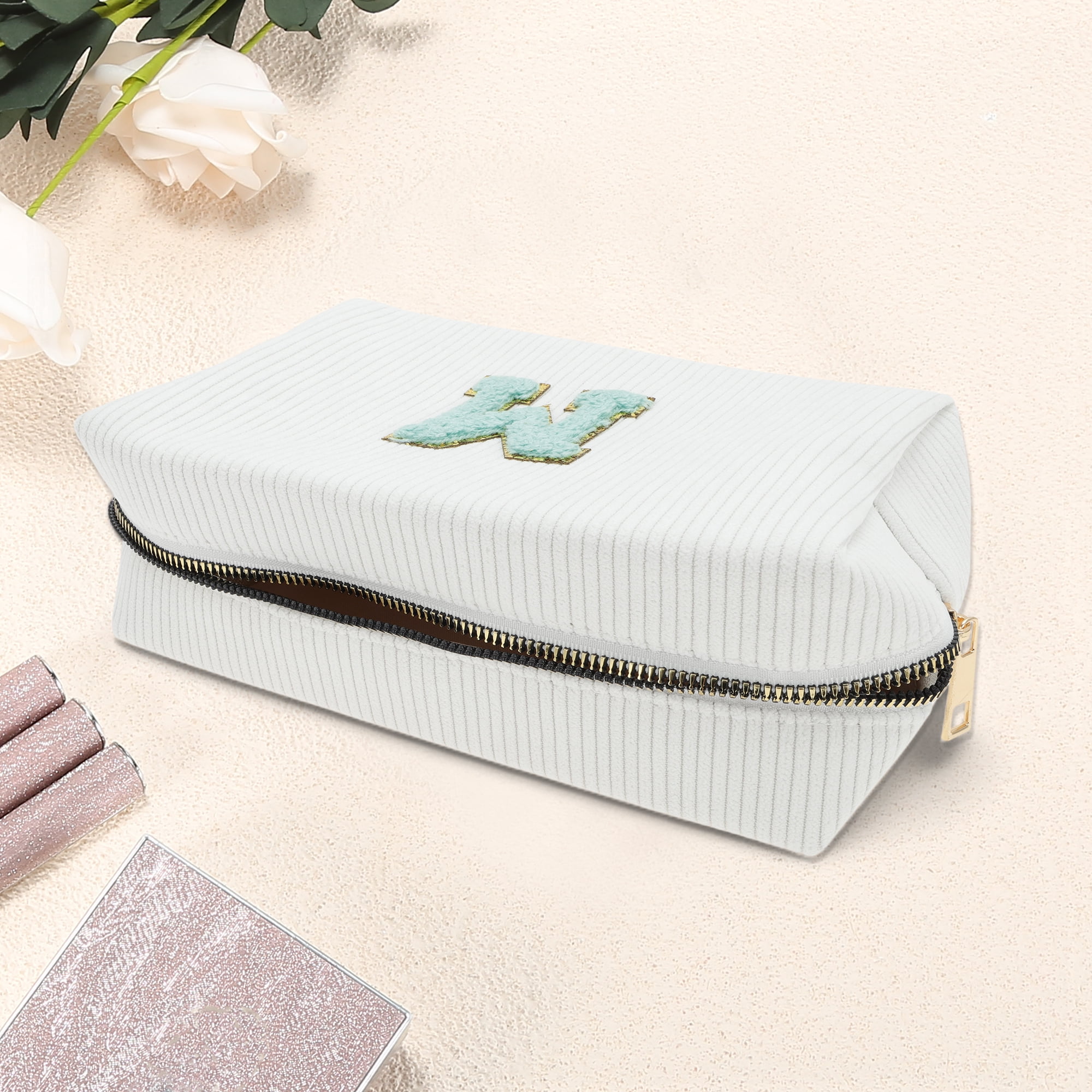 Unique Bargains 1 Pc Portable Corduroy Rectangular Letter Makeup Bag White [Letter M]