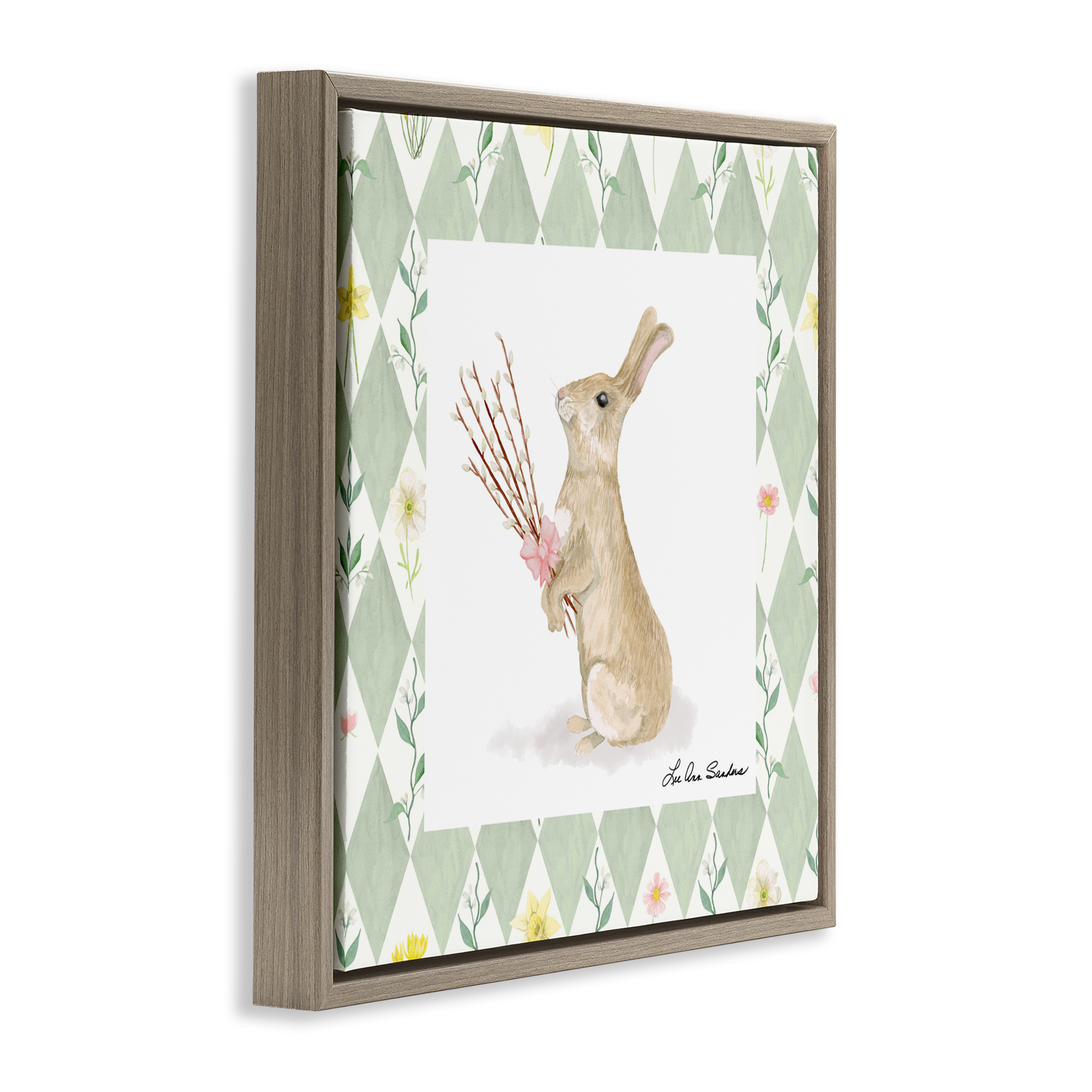 Bouquet Bunny on Green Argyle Brown Framed Floater Canvas Wall Art, design by Lee Ann Sanders