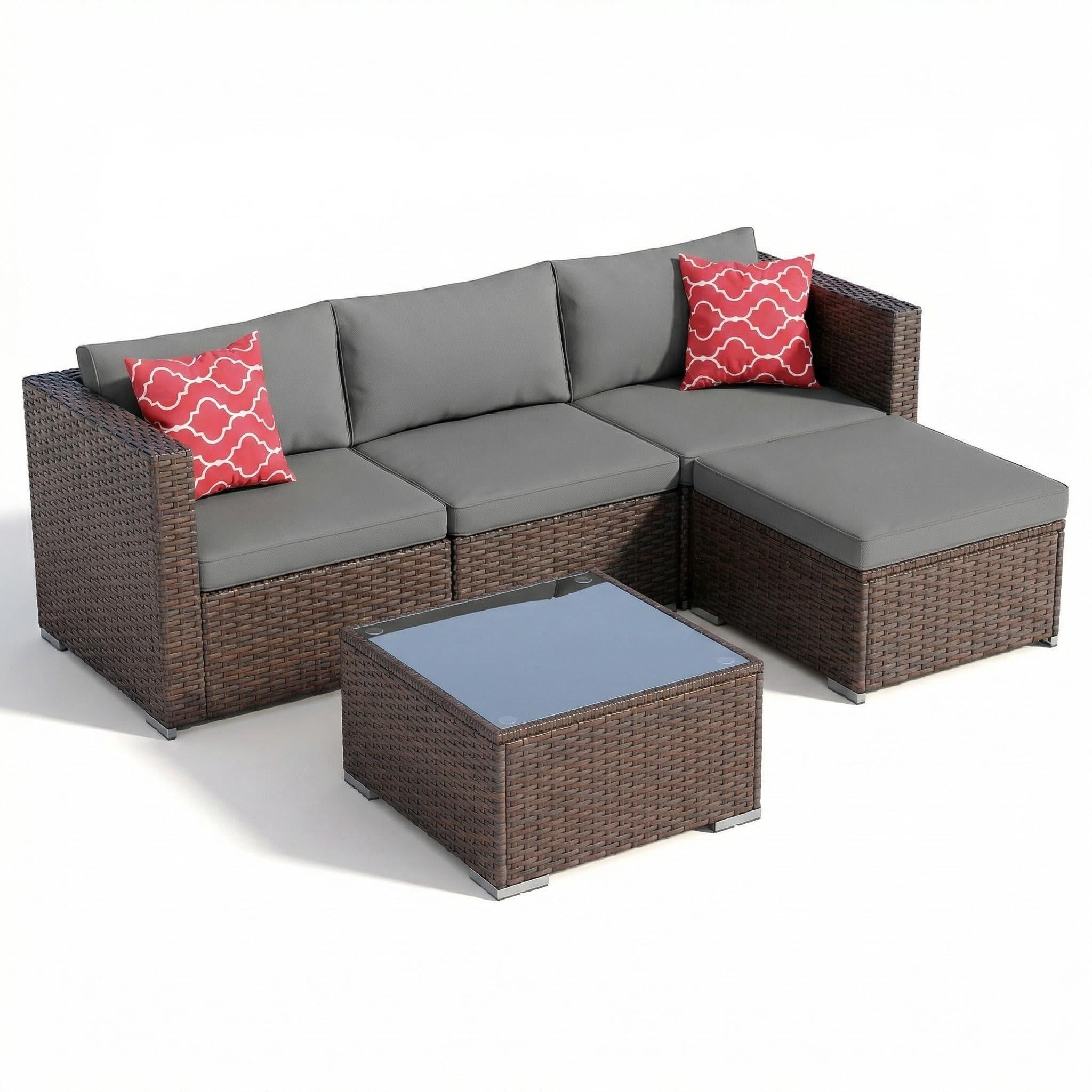 Lofka 5 Pieces Patio Furniture Set with Wicker Sofa and Tempered Glass Table for Outdoor | Backyard in Gray