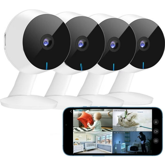 4 Pack Security Cameras, Home Security Camera Indoor 1080P, Wi-Fi Cameras Wired for Pet, Motion Detection, Two-Way Audio, Night Vision, Phone App, Works with Alexa, iOS & Android & Web Access