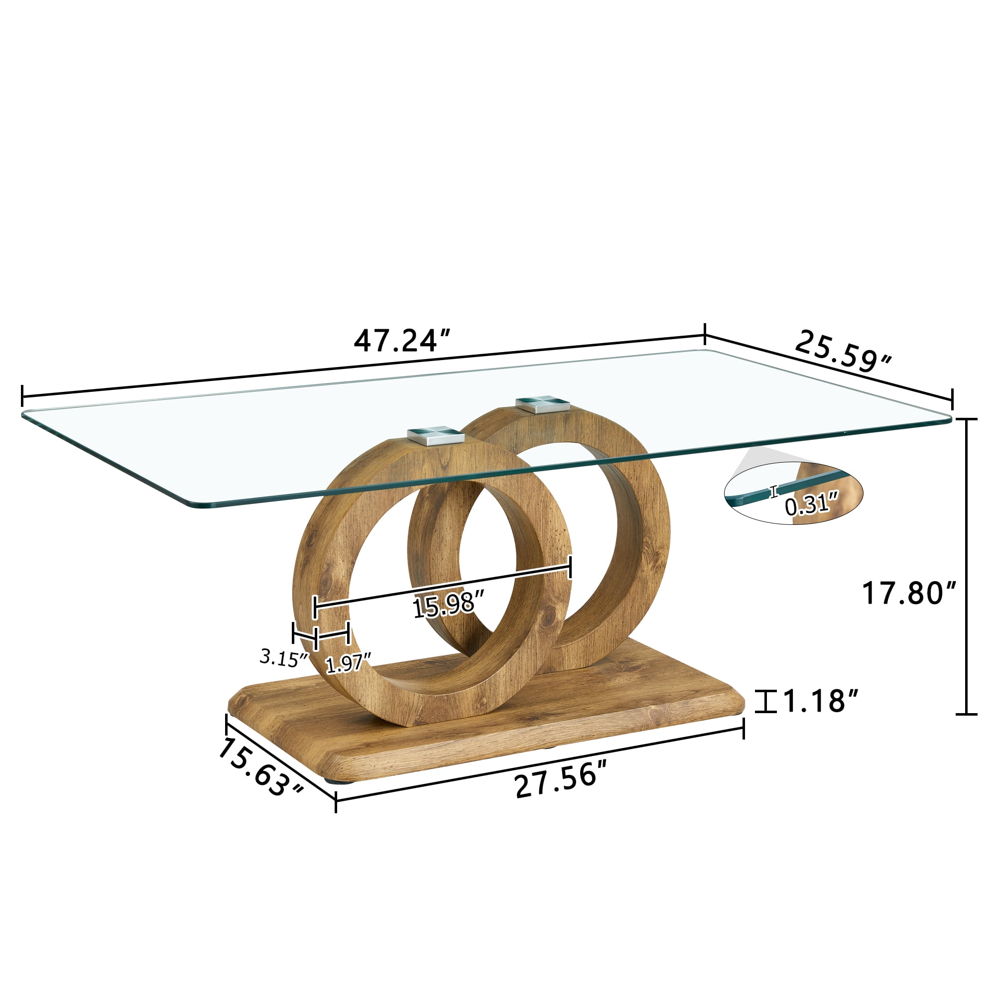 TesNus Modern Style Rectangle Glass Coffee Table for Living Room, Office,47.2" Stylish Center Table with MDF Base, Clear Tempered Glass (Natural)