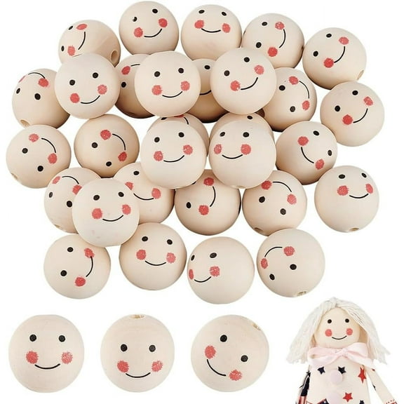 1.3'' Face Wood Beads 30pcs Natural Wooden Spacer Beads Loose Round Beads Ball Wood Beads with 7mm Large Hole for Christmas Tree Wreath Decor DIY Craft Jewelry Making