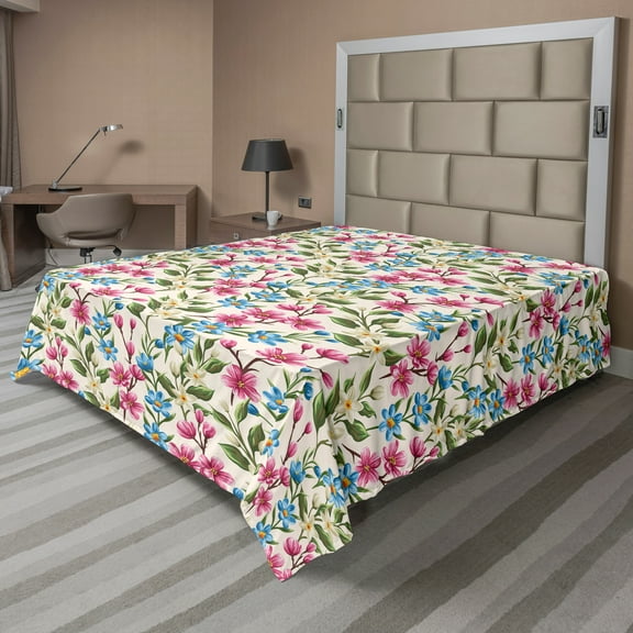 Ambesonne Floral Flat Sheet, Blooming Flowers Bouquet, Full Size, Yellow Pink Blue