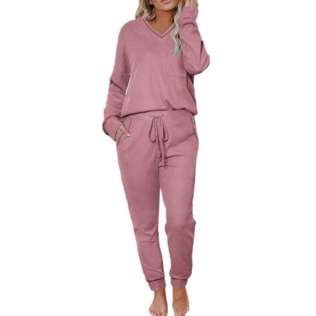 CILENON Jogging Suit Sets for Women Women s Solid Color Fashionable Casual V Neck Long Sleeved Pocket Drawstring Pants Set Sport Clothes for Women Womens 2 Piece Outfits Womens Loungewear(Pink XL)