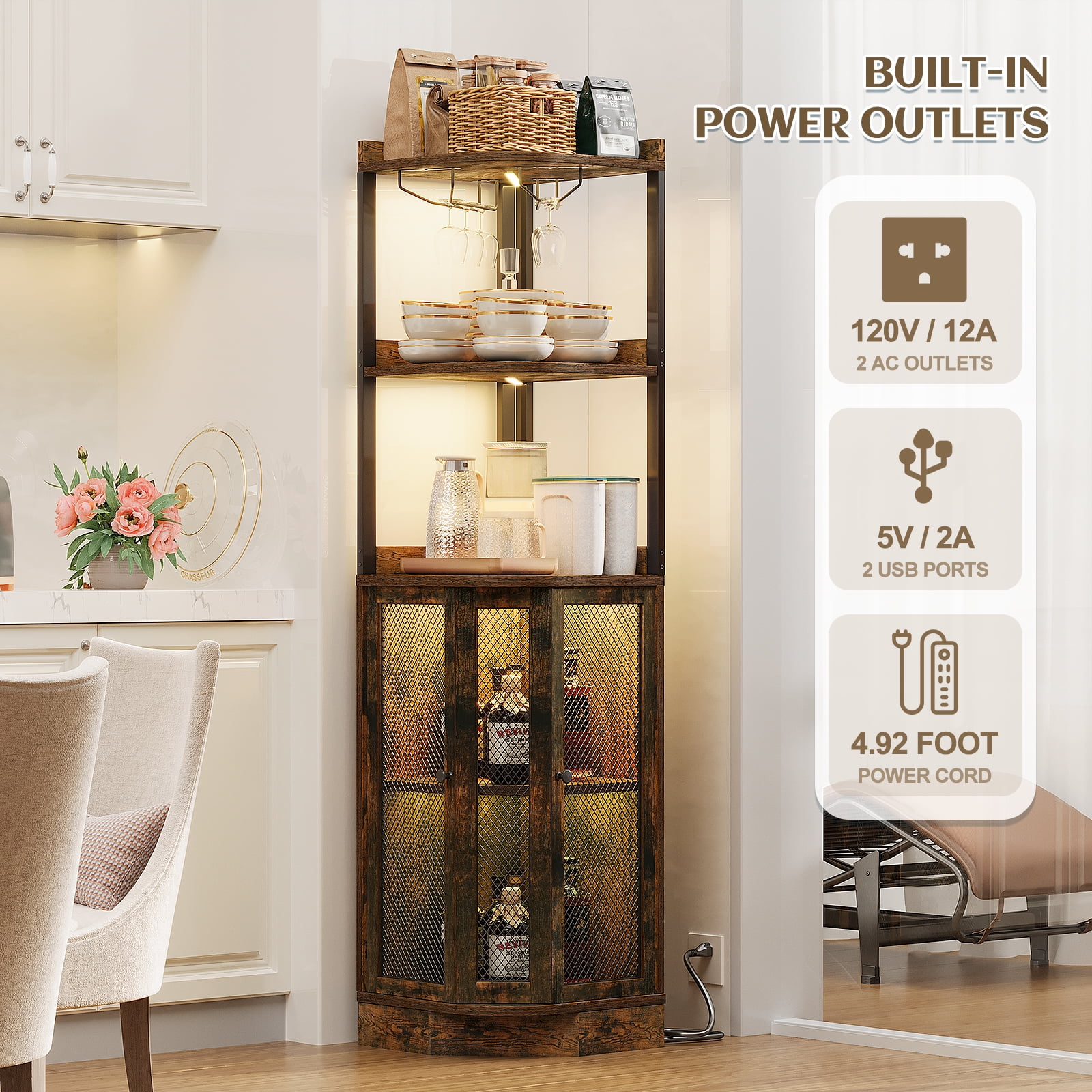 SNYNUXX Industrial Corner Bar Cabinet with LED Lights, Wine Glass Holder and Charging Station, Rustic Brown