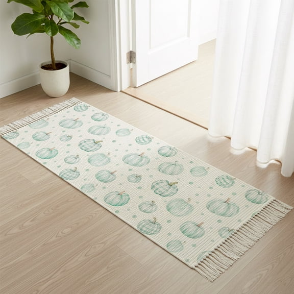 Thanksgiving Green Pumpkins Boho Hallway Runner Rug 2x4ft, Kitchen Runner Rug Tassel Rugs, Minimalist Polka Dots Area Rugs Floor Carpet for Living Room Bedroom Entryway