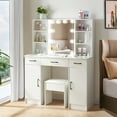 thumbnail image 2 of Caulitar Modern Vanity Desk with LED Lights & Stool, Hollywood Makeup Table with 3 Drawers, 4 Shelves and Storage Cabinet, for Bedroom, White, 2 of 9