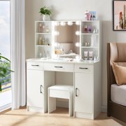 Caulitar Vanity Table Set with LED Lighted Mirror Makeup Vanity Desk with Stool & 3 Drawers & 2 Cabinets, White