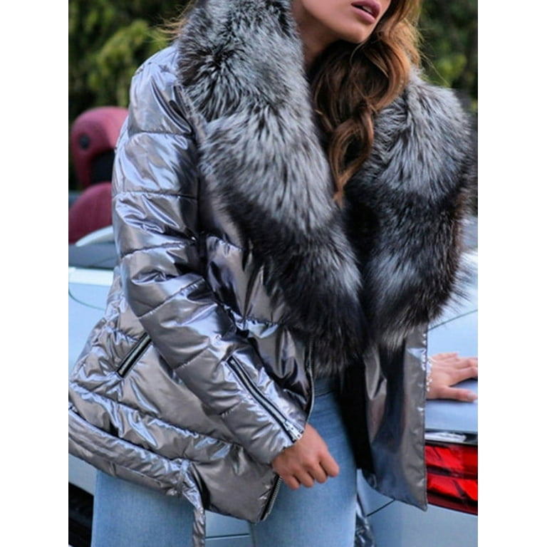 Hvyesh Shiny Puffer Jacket for Women Faux Fur Collar Puffer Coats Trendy Zipper Long Sleeve Padded Jackets Baggy Work Thermal Outwear Coats with Belt Walmart